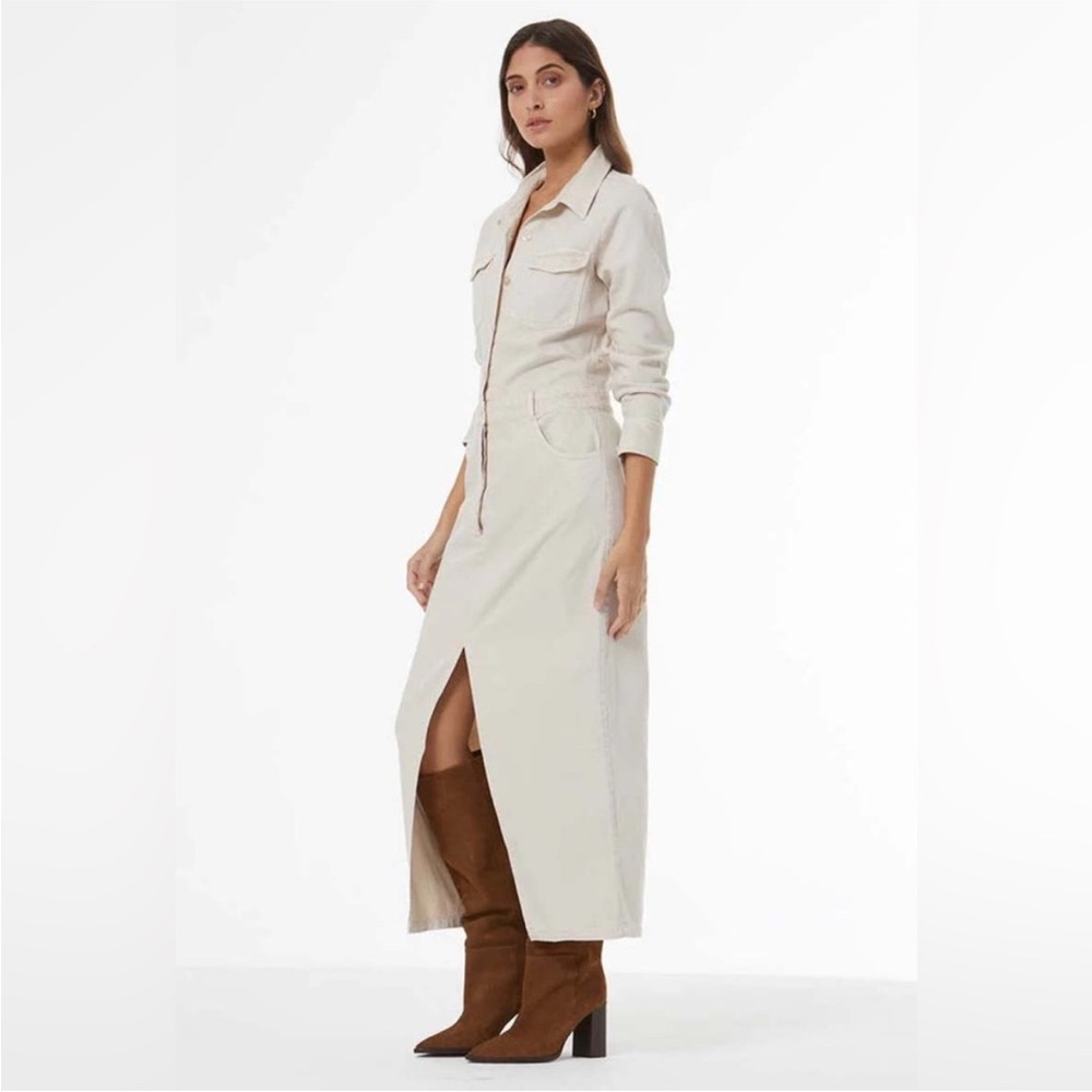 Young Fabulous Broke Cream Denim Dress with Slit and Pockets